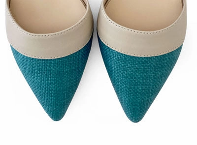 Satin Dress Shoes Teal jute d'Orsay ballet flats with beige leather details