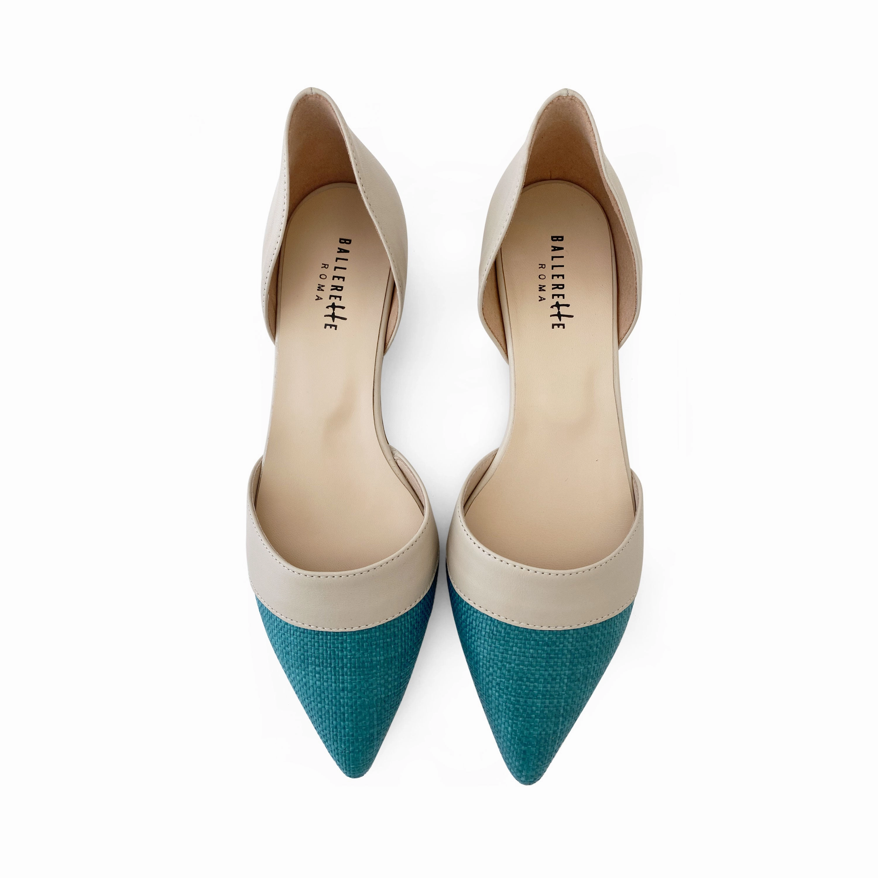 In Style Dress Shoes Teal jute d'Orsay ballet flats with beige leather details