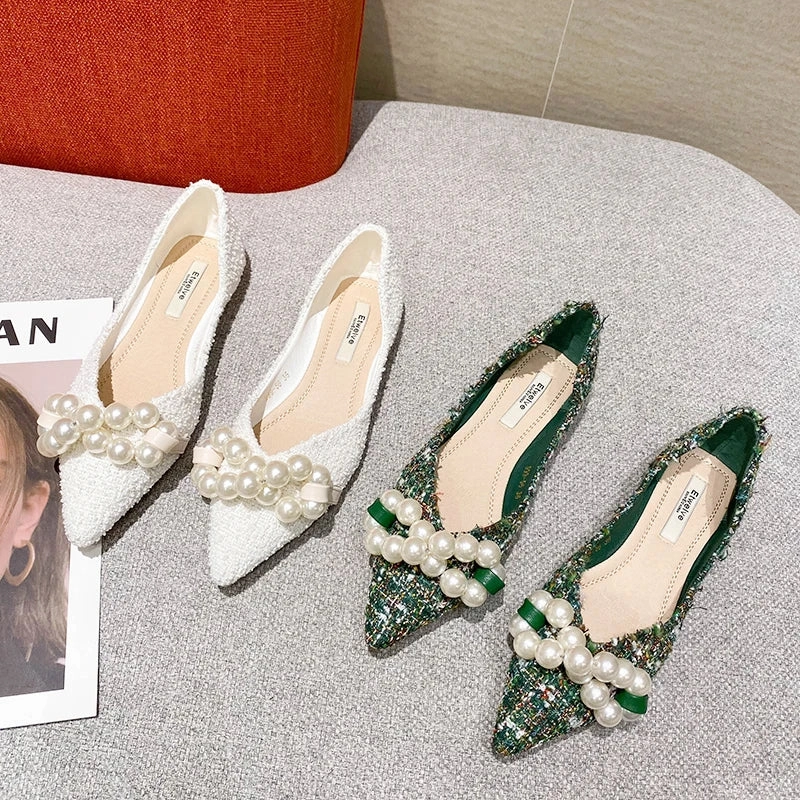 Bjlxn Flat Shoes for Women Spring Summer New Big Pearls Green White Women Flats Slip on Casual Loafers Zapatillas Mujer 44 45 46 Glitter Loafers