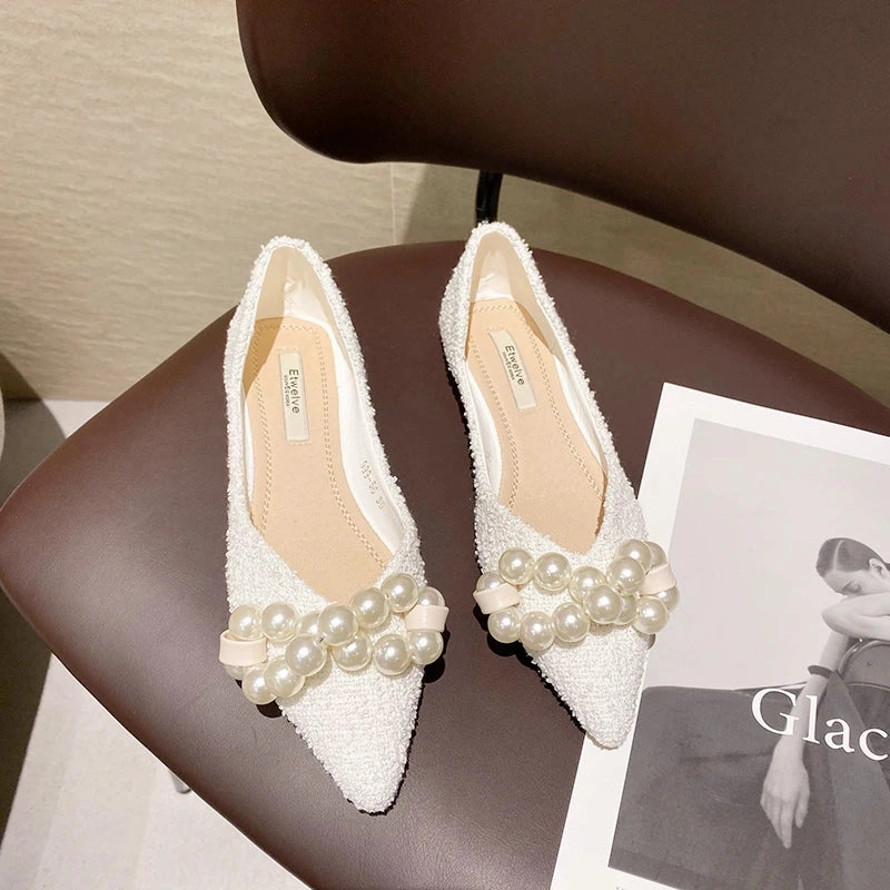 Bjlxn Flat Shoes for Women Spring Summer New Big Pearls Green White Women Flats Slip on Casual Loafers Zapatillas Mujer 44 45 46 Wedge Loafers