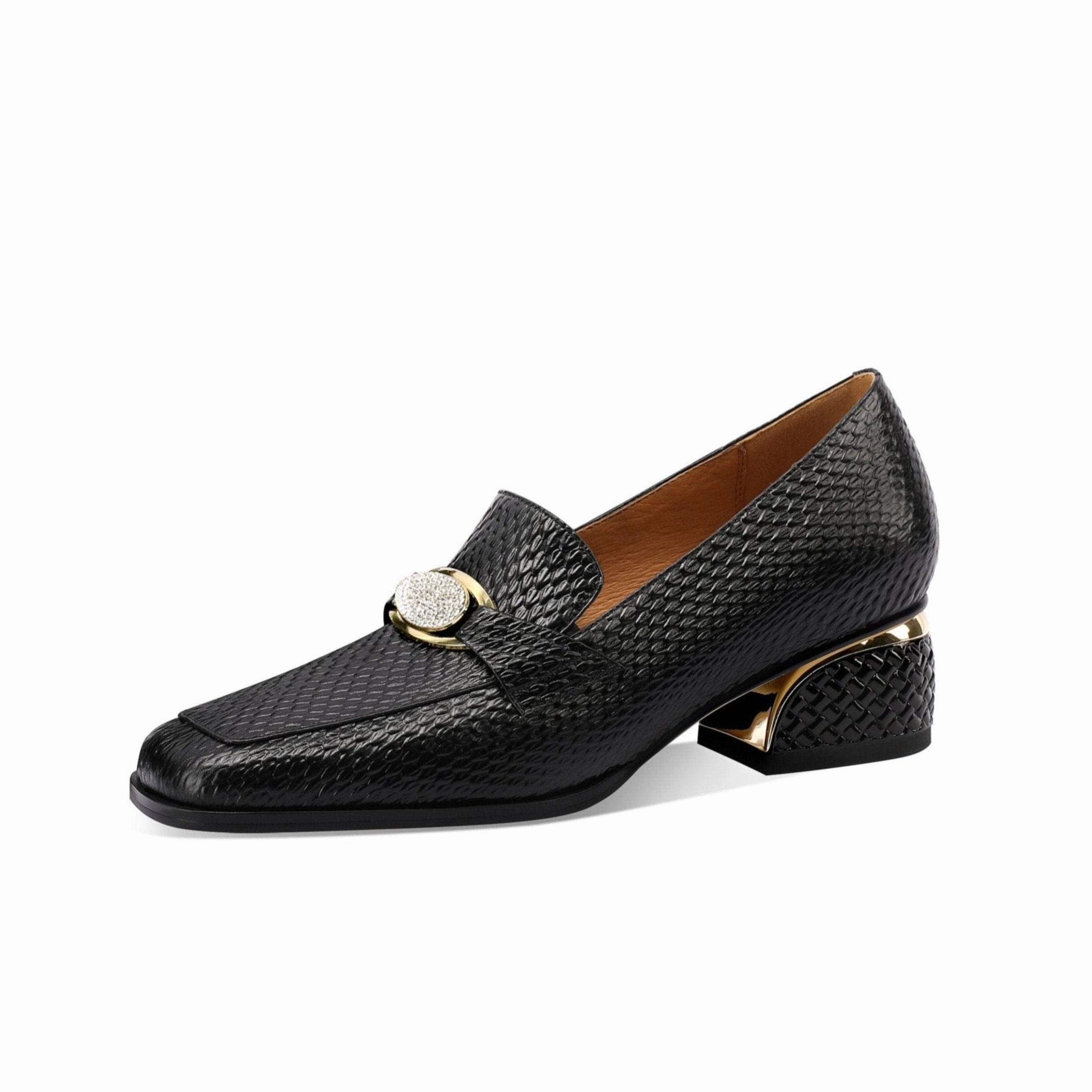 TinaCus Women's Handmade Genuine Leather Glitter Rhinestone Slip On Block Heel Pumps Black Leather