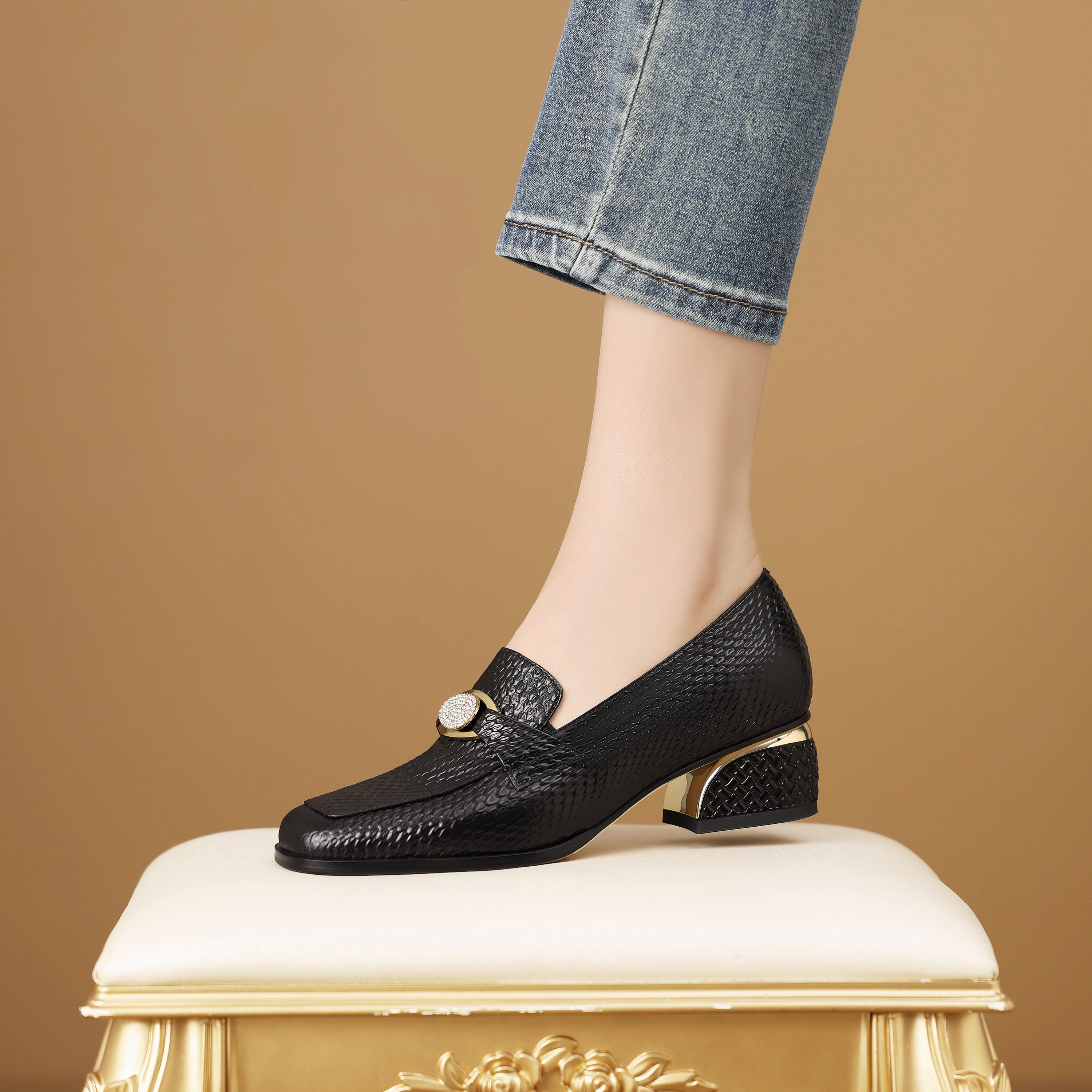 Airport Friendly Dress Shoes TinaCus Women's Handmade Genuine Leather Glitter Rhinestone Slip On Block Heel Pumps