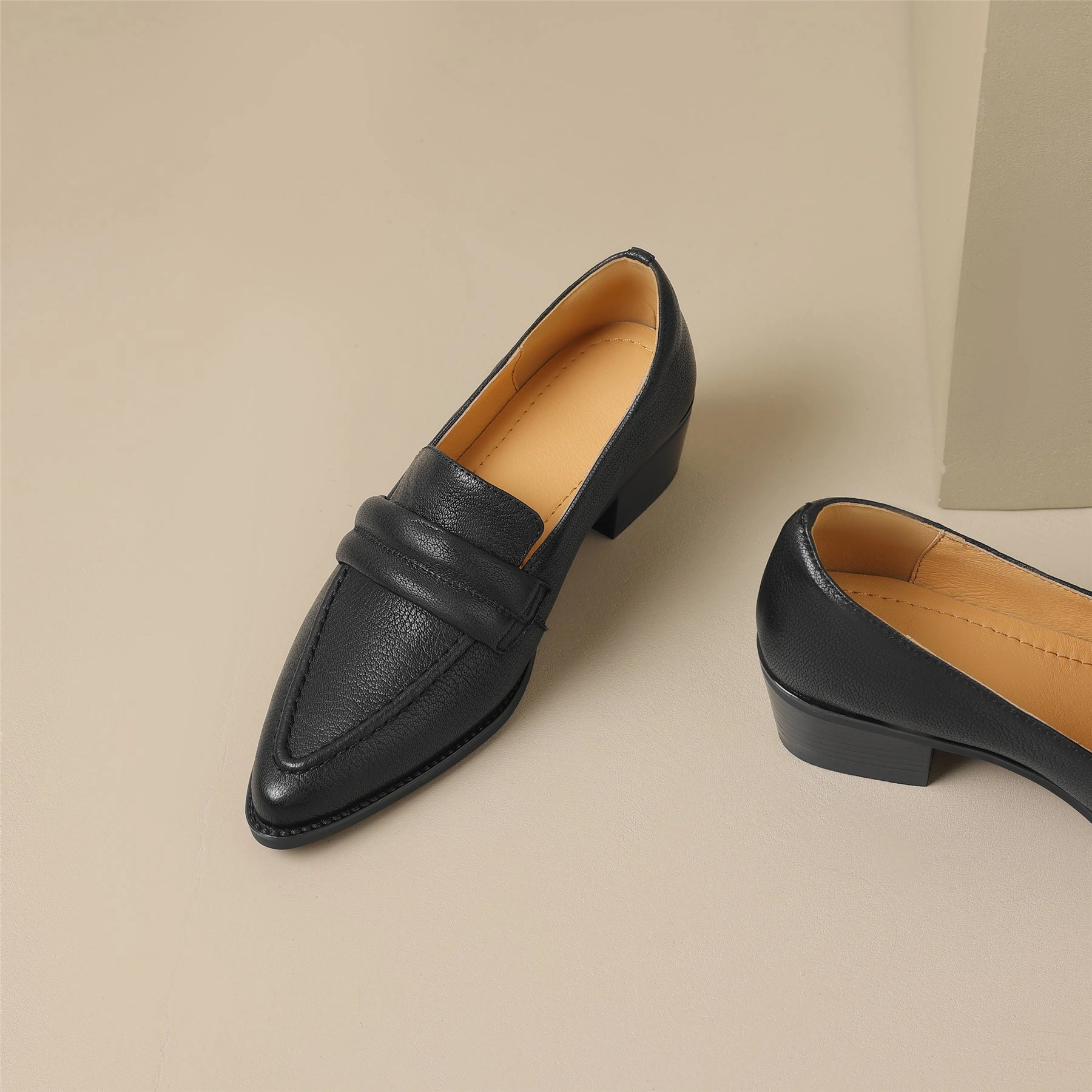 TinaCus Women's Handmade Genuine Leather Pointy Toe Chunky Heel Loafer Pumps Casual Dress Shoes With Jeans