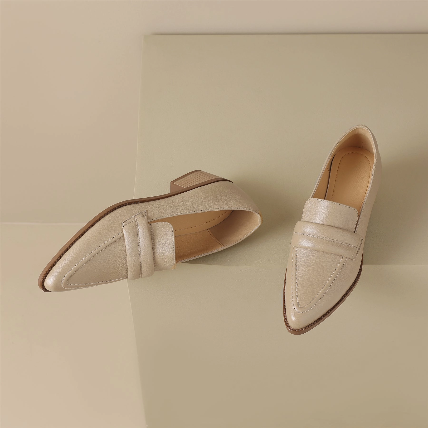 Dress Color Shoes TinaCus Women's Handmade Genuine Leather Pointy Toe Chunky Heel Loafer Pumps