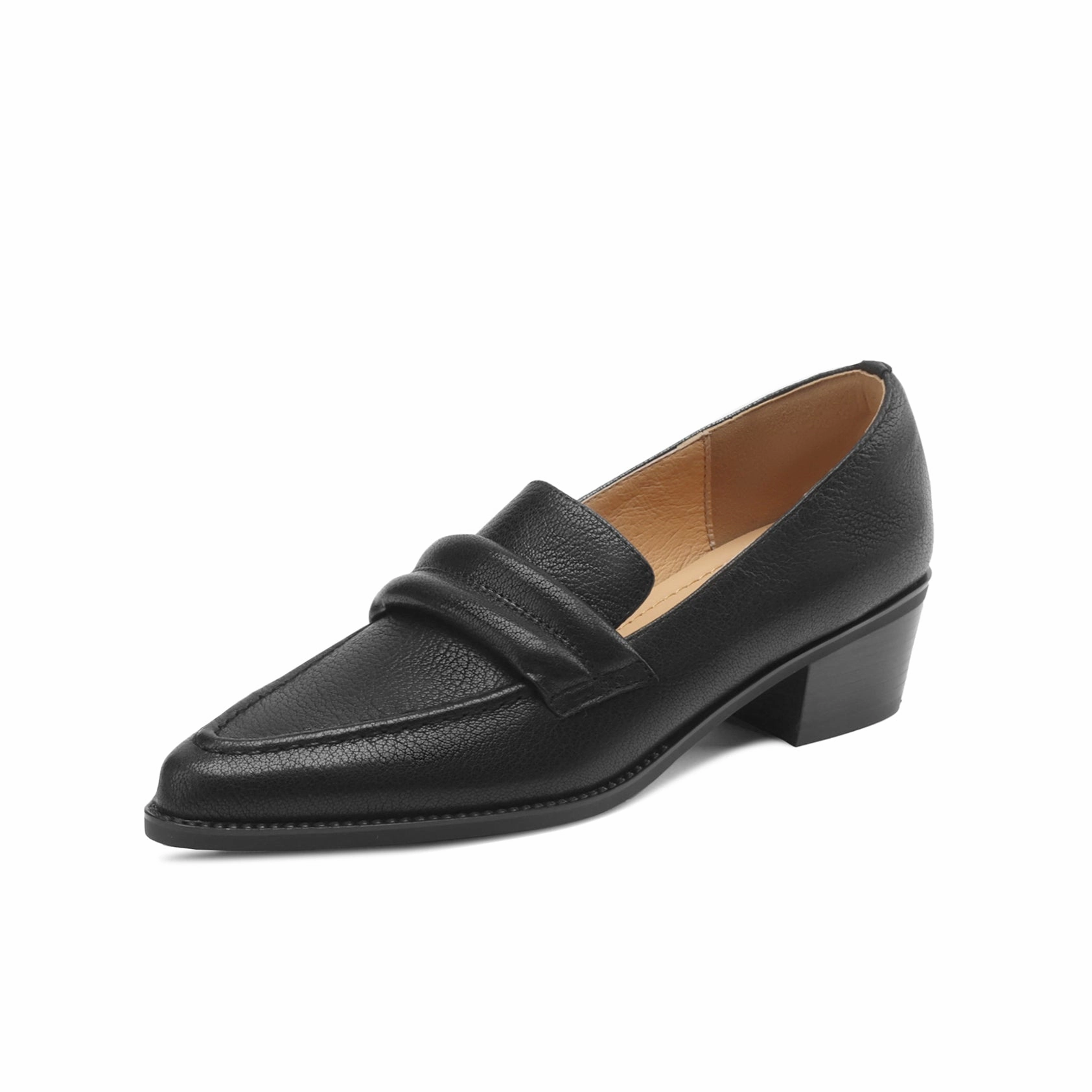 TinaCus Women's Handmade Genuine Leather Pointy Toe Chunky Heel Loafer Pumps Navy Low Heeled Dress Shoes