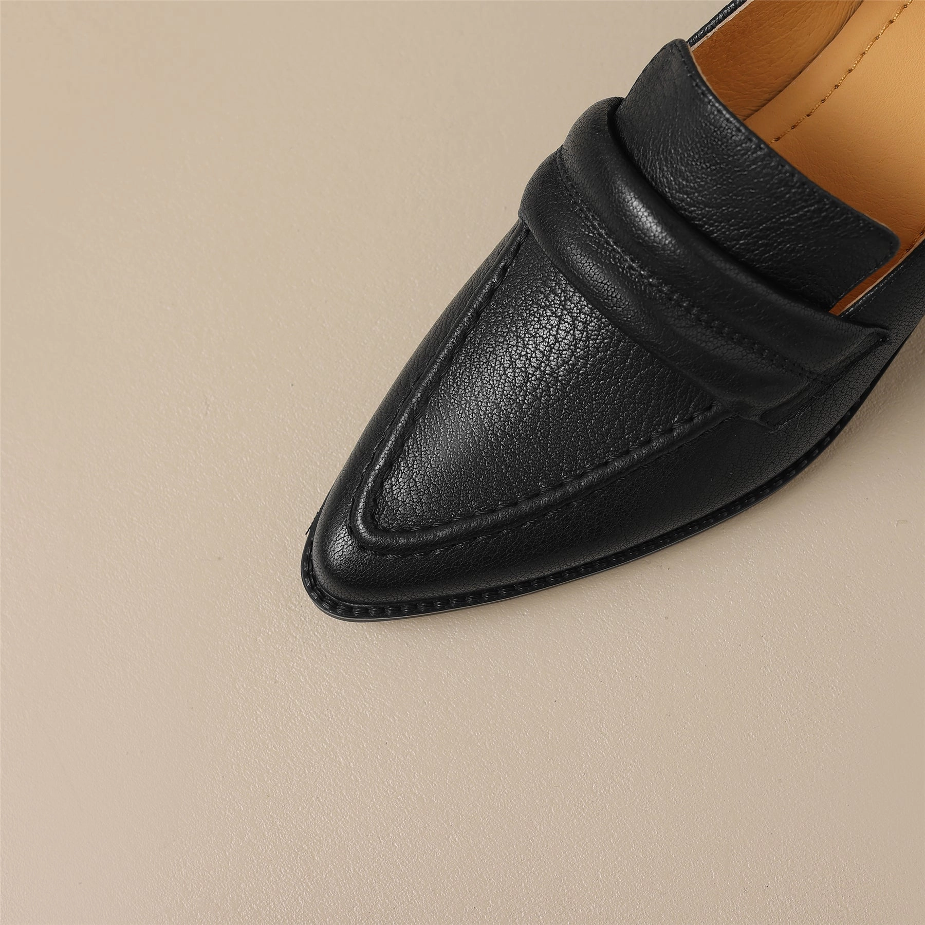 TinaCus Women's Handmade Genuine Leather Pointy Toe Chunky Heel Loafer Pumps Dress Shoes For Funeral