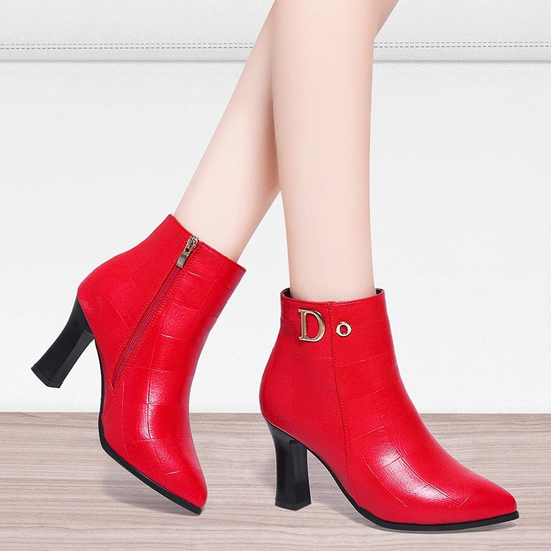 Amozae- Women Wedding Boots Red   New Genuine Leather Fashion Large Size 43 Women Ankle Boots Women Mid-heel Pointed Ladies Booties Best Waterproof Work Boots For Summer