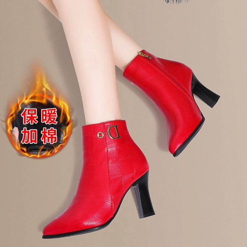 8 Inch Moc Toe Work Boots Amozae- Women Wedding Boots Red   New Genuine Leather Fashion Large Size 43 Women Ankle Boots Women Mid-heel Pointed Ladies Booties