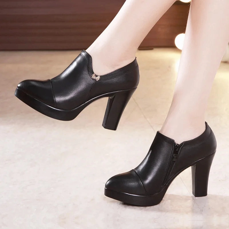 Block Heels Platform Pumps Women Split Leather Shoes High Heels for Thin Feet Office Model Mom Leather Oxford Dress Shoes