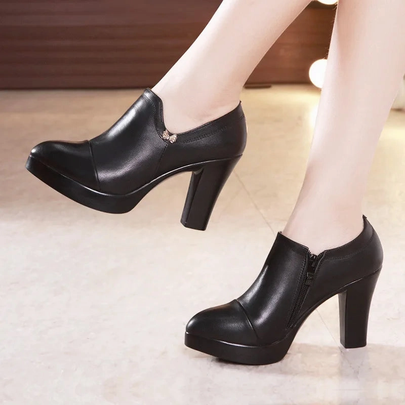 Block Heels Platform Pumps Women Split Leather Shoes High Heels for Thin Feet Office Model Mom Sling Back Dress Shoes