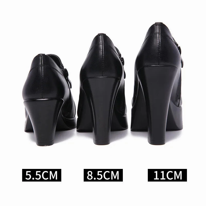 Drop Dress Shoes Block Heels Platform Pumps Women Split Leather Shoes High Heels for Thin Feet Office Model Mom