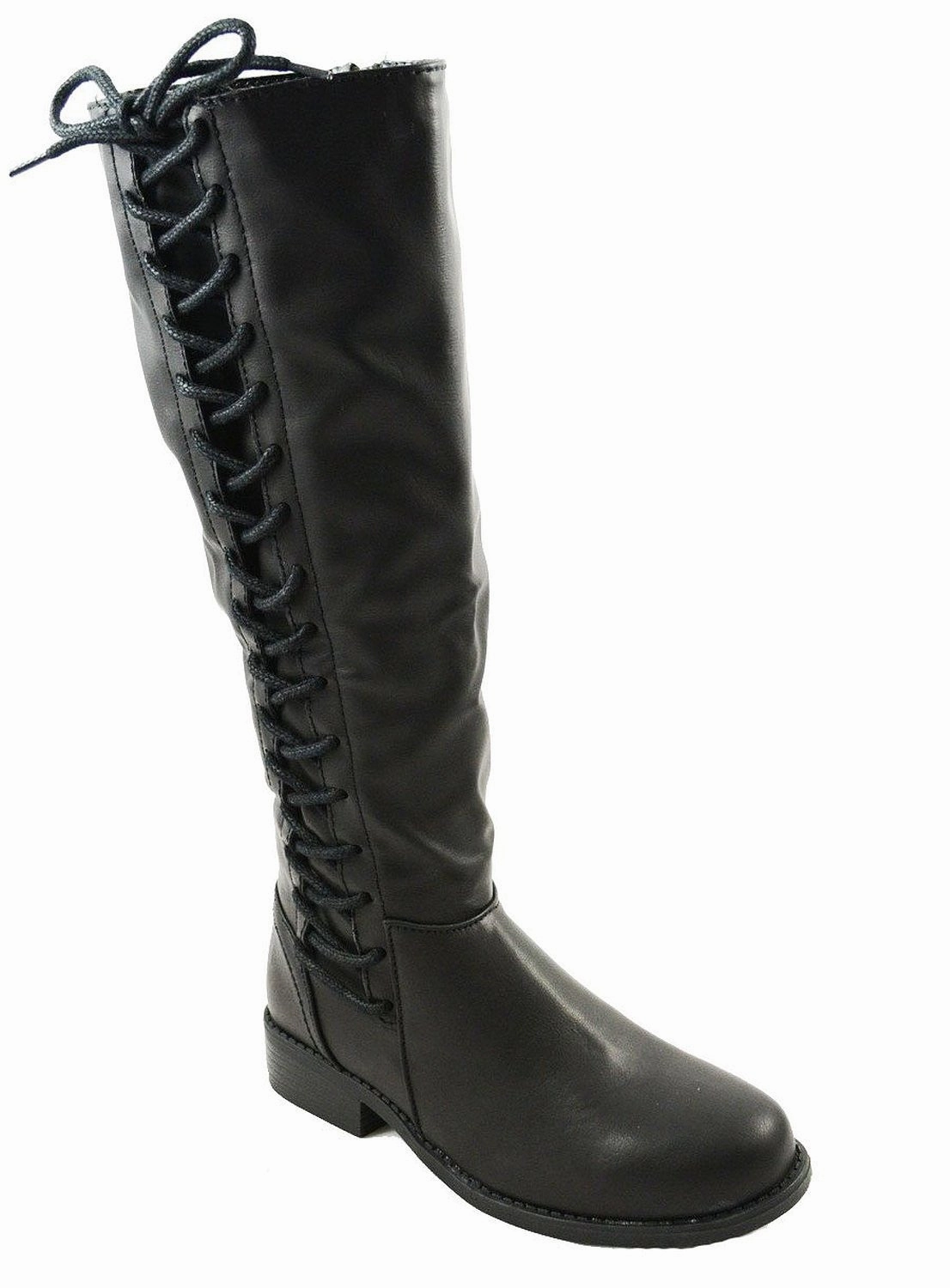 Wellibob Rain Boots Black Corset Lace Up Riding Knee High Vegan Leather Boots
