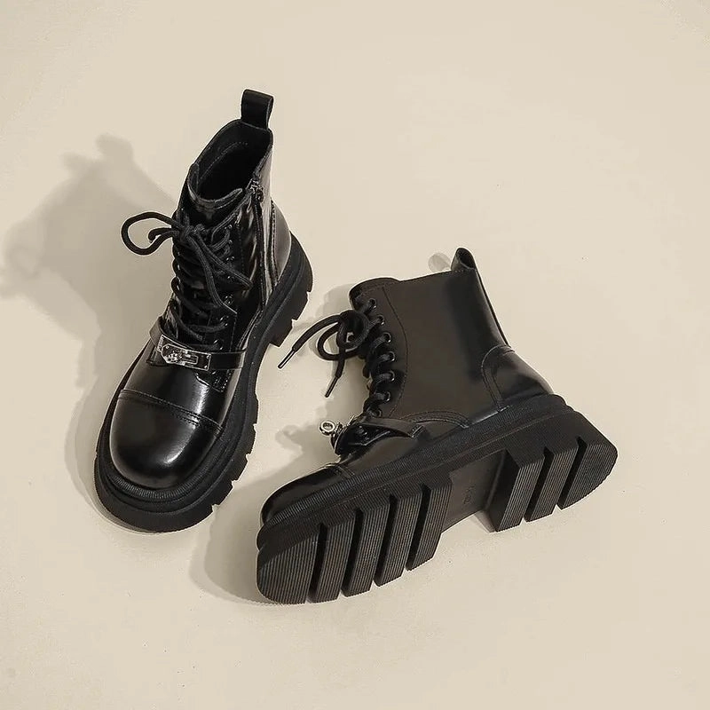 Best Inexpensive Work Boots binfenxie  -  British Metal Buckle Women's Motorcycle Boots Fashion Platform Casual Leather Shoes for Women Designer Black Work Boots Female