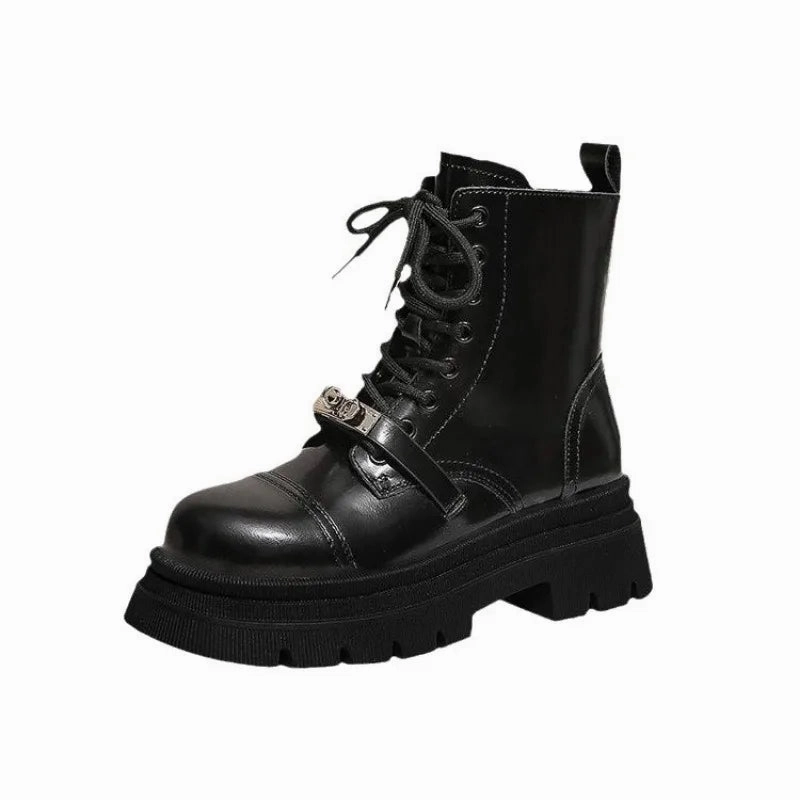 Best Work Boots For Road Construction binfenxie  -  British Metal Buckle Women's Motorcycle Boots Fashion Platform Casual Leather Shoes for Women Designer Black Work Boots Female