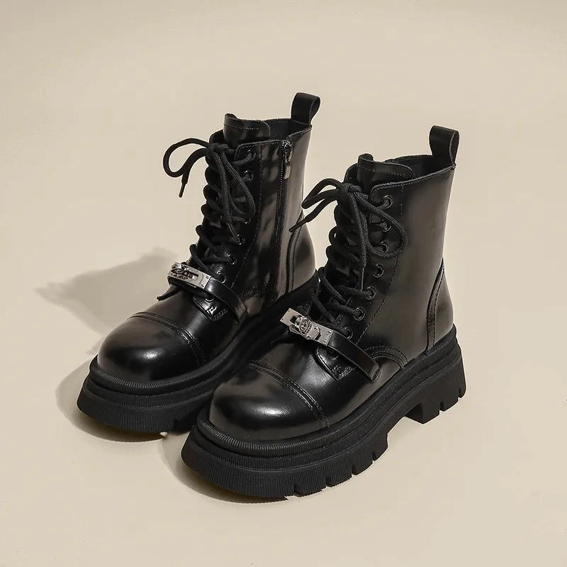 Non Conductive Work Boots binfenxie  -  British Metal Buckle Women's Motorcycle Boots Fashion Platform Casual Leather Shoes for Women Designer Black Work Boots Female