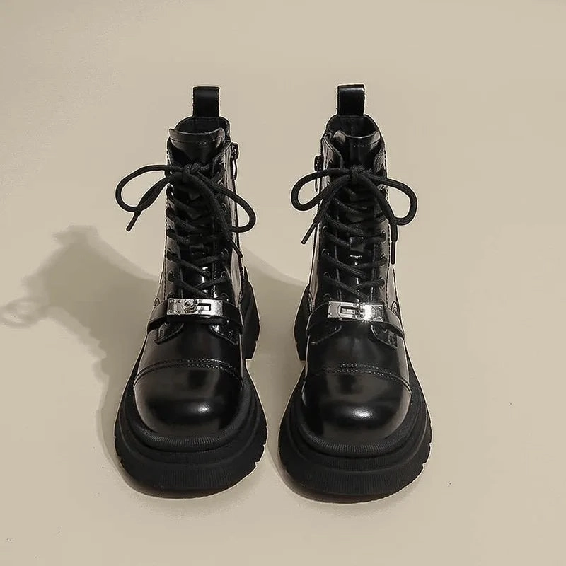 Waterproof Chelsea Work Boots binfenxie  -  British Metal Buckle Women's Motorcycle Boots Fashion Platform Casual Leather Shoes for Women Designer Black Work Boots Female