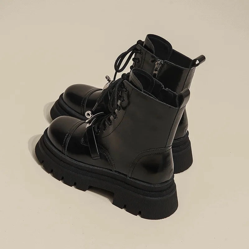 Best Pull On Waterproof Work Boots binfenxie  -  British Metal Buckle Women's Motorcycle Boots Fashion Platform Casual Leather Shoes for Women Designer Black Work Boots Female