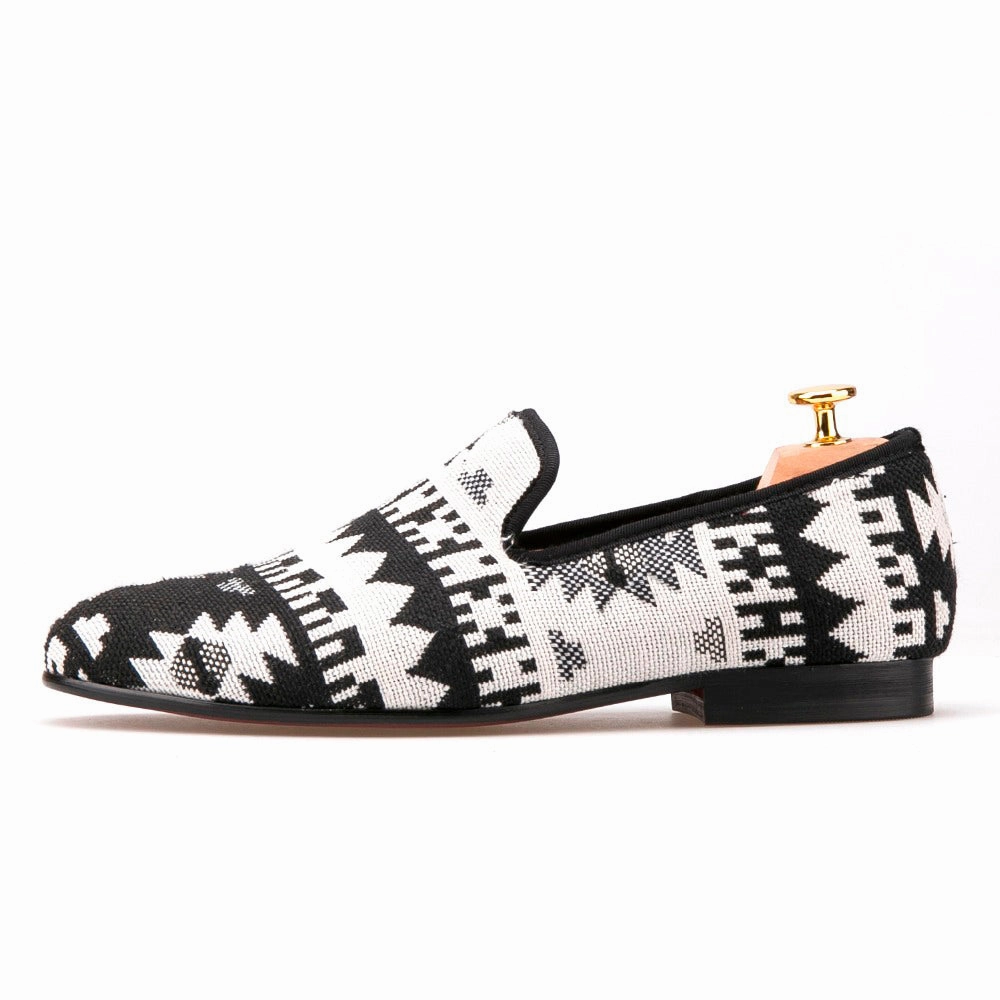 Patterned Loafers OneDrop Handmade Black And White Cotton Fabric Splicing Men Retro Party Wedding Prom Loafers