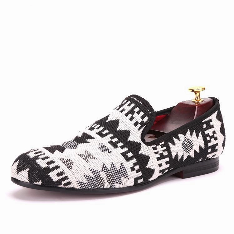 OneDrop Handmade Black And White Cotton Fabric Splicing Men Retro Party Wedding Prom Loafers Comfort Loafers