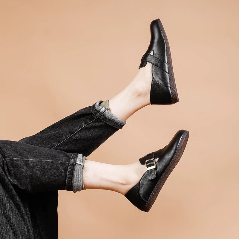 Tiger Loafers Soft Leather Flat Slip on Loafers for Women Buckle-fastening Monk Shoes in Beige/Apricot/Black