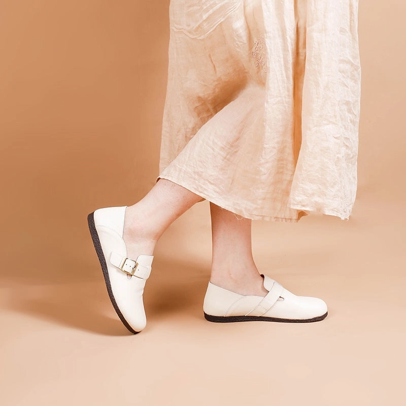 Fur Mule Loafers Soft Leather Flat Slip on Loafers for Women Buckle-fastening Monk Shoes in Beige/Apricot/Black