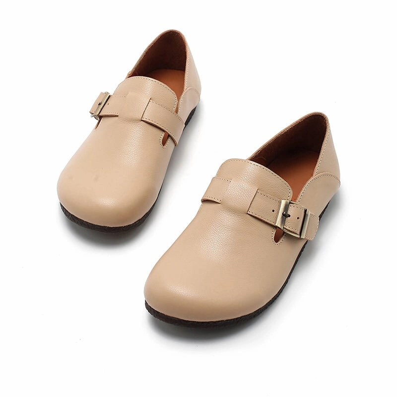 Soft Leather Flat Slip on Loafers for Women Buckle-fastening Monk Shoes in Beige/Apricot/Black Carlos Loafers