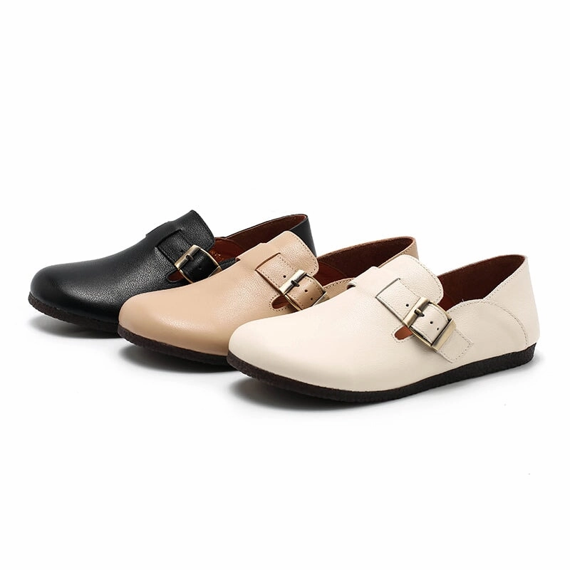 Soft Leather Flat Slip on Loafers for Women Buckle-fastening Monk Shoes in Beige/Apricot/Black Suede Loafers