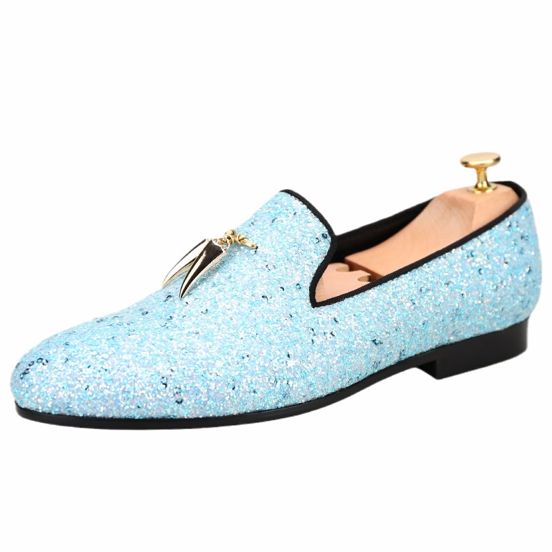 OneDrop Men Sky Blue Handmade Leather Prom Party And Wedding Dress Shoes Loafers Metal Tassels Loafers On Sale