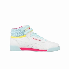 REEBOK V63067 F/S HI JR'S (Medium) White/Pink/Cool Blue Leather Lifestyle Boots Retro Mood
