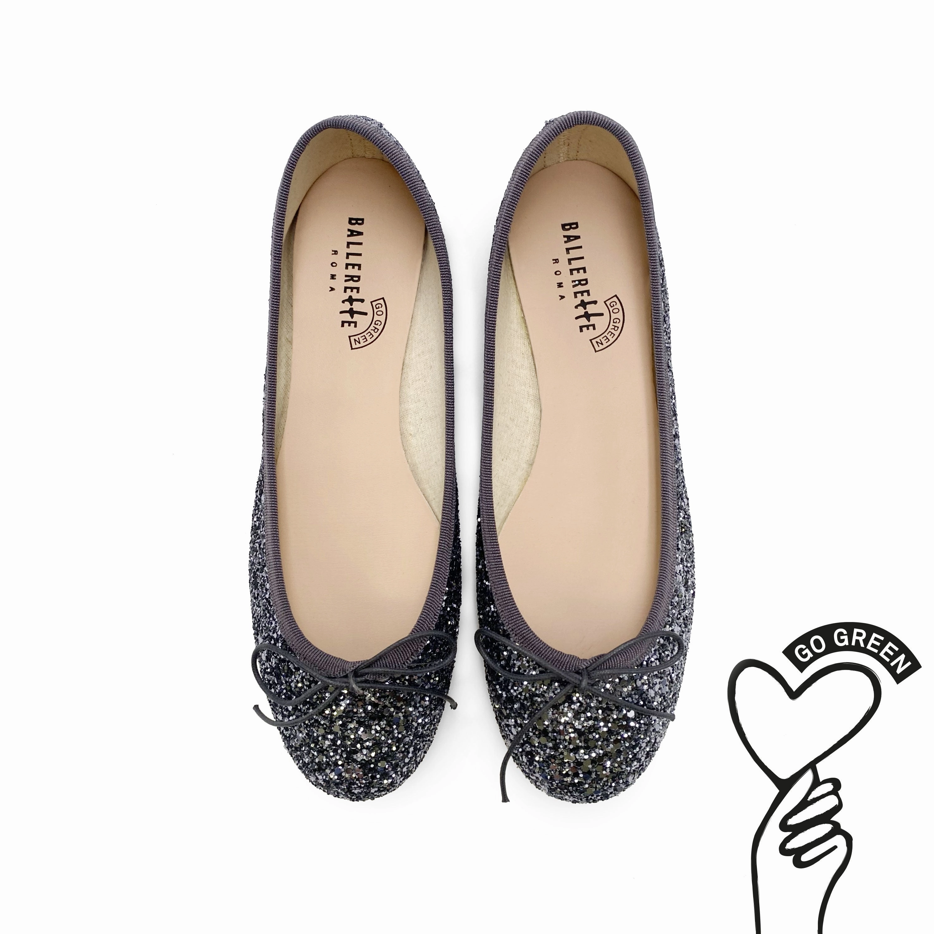 Dress Shoes For Narrow Feet TT GO GREEN Collection - Iron-colored glitter ballet flats in ECO fabric