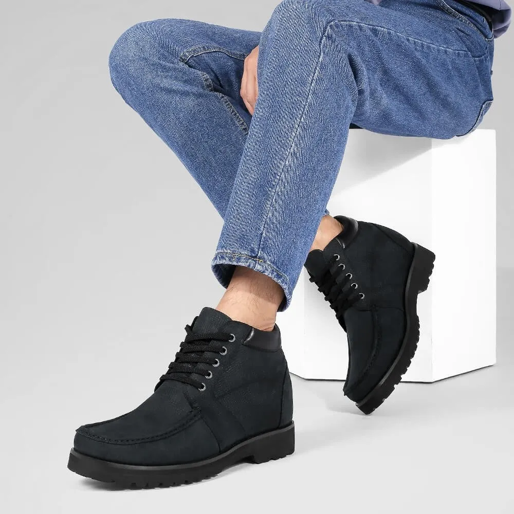 Wide Calf Moto Boots 10CM/3.94 Inches CMR CHAMARIPA Men's Black Nubuck Boots - Square Toe Design