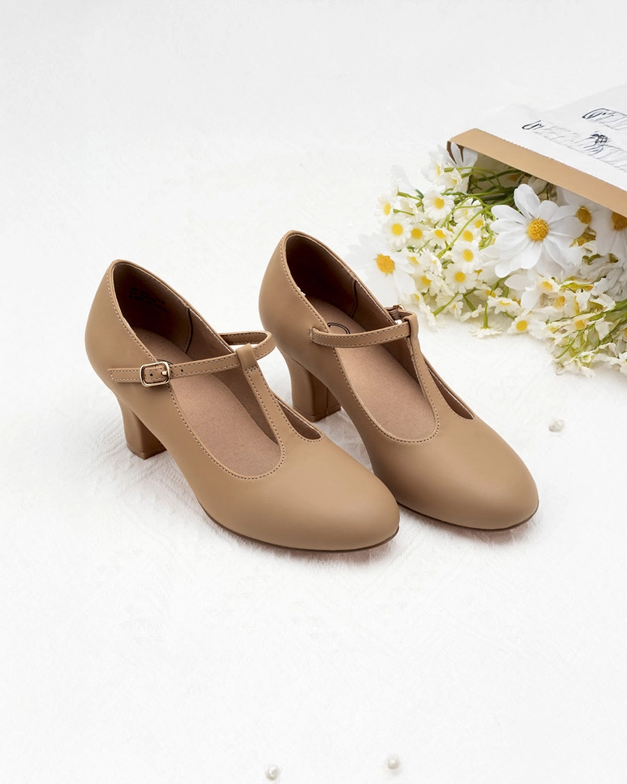 T-Strap Character Shoes with 2.5" Heel Beige Platform High Heels