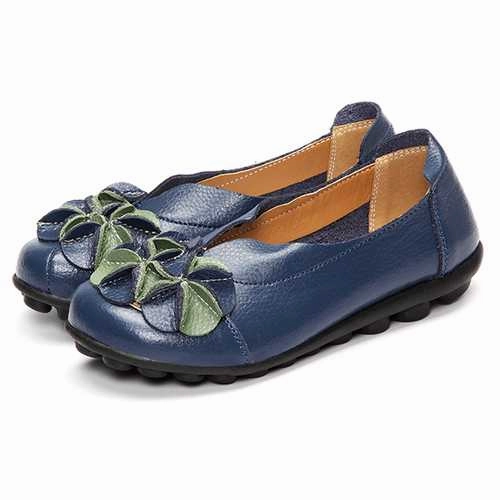 US Size 5-13 Women Flower Flat Shoes Casual Outdoor Leather Slip On Round Toe Loafers Dunham Loafers