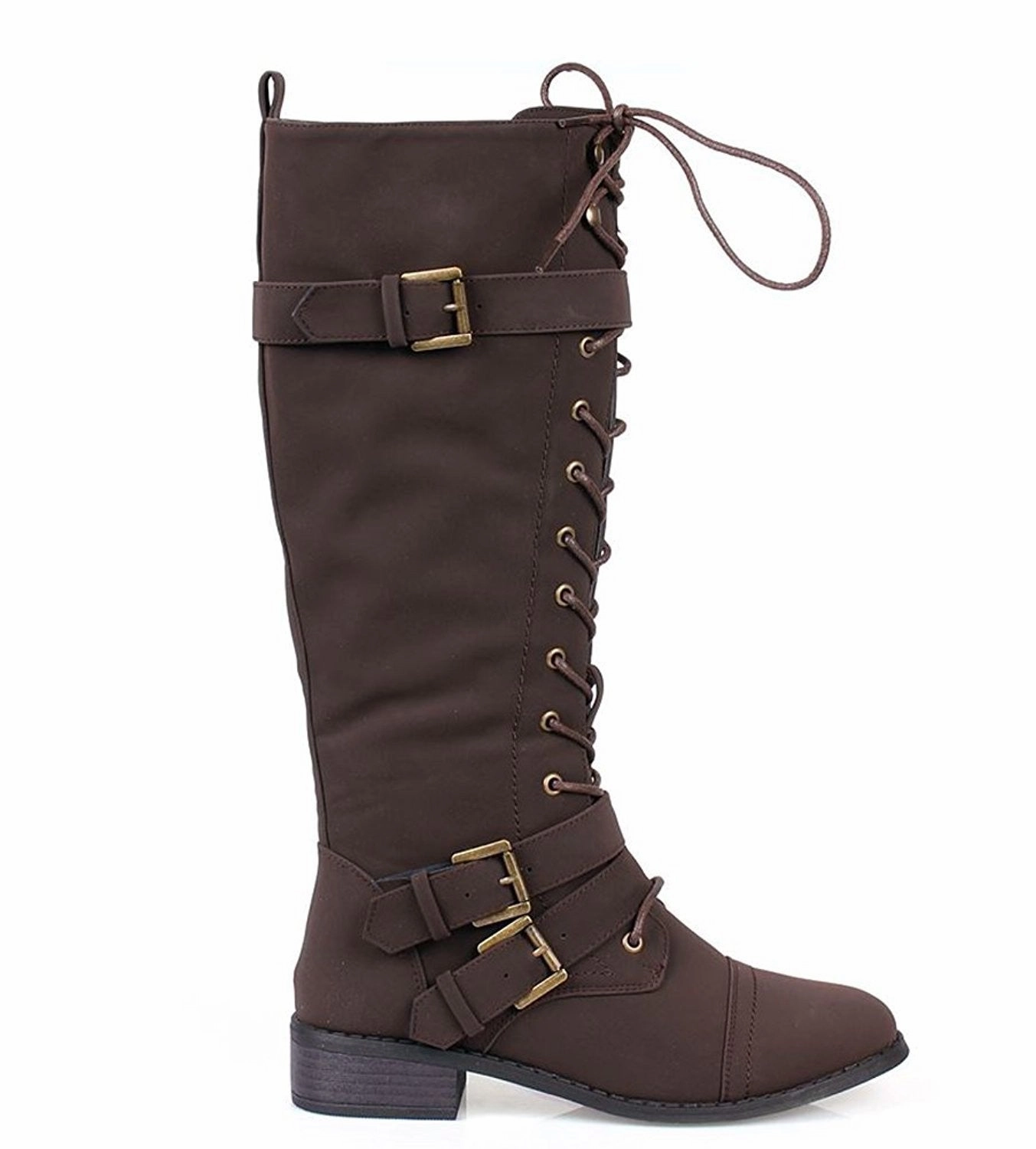 Lily Bee Rain Boots Vegan Leatherette Knee High Lace Up Harness Moto Women's Boot