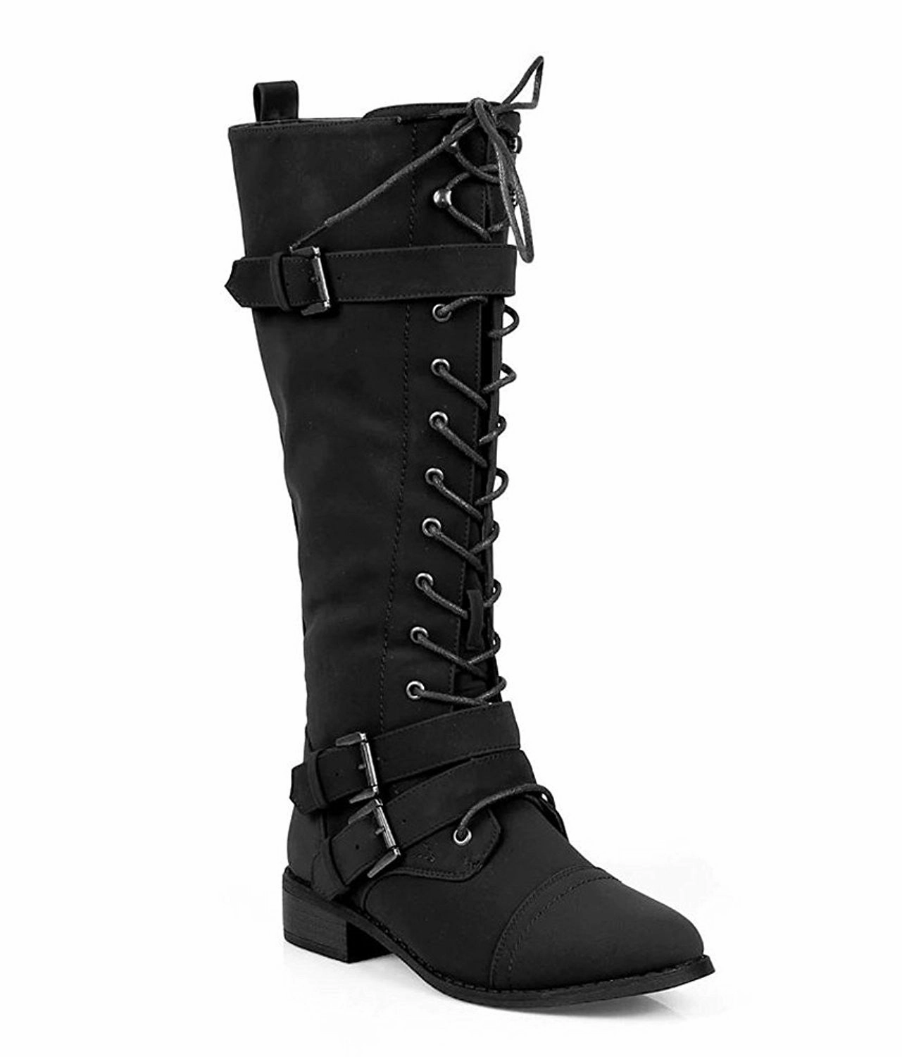 Vegan Leatherette Knee High Lace Up Harness Moto Women's Boot Wide Width Ankle Rain Boots