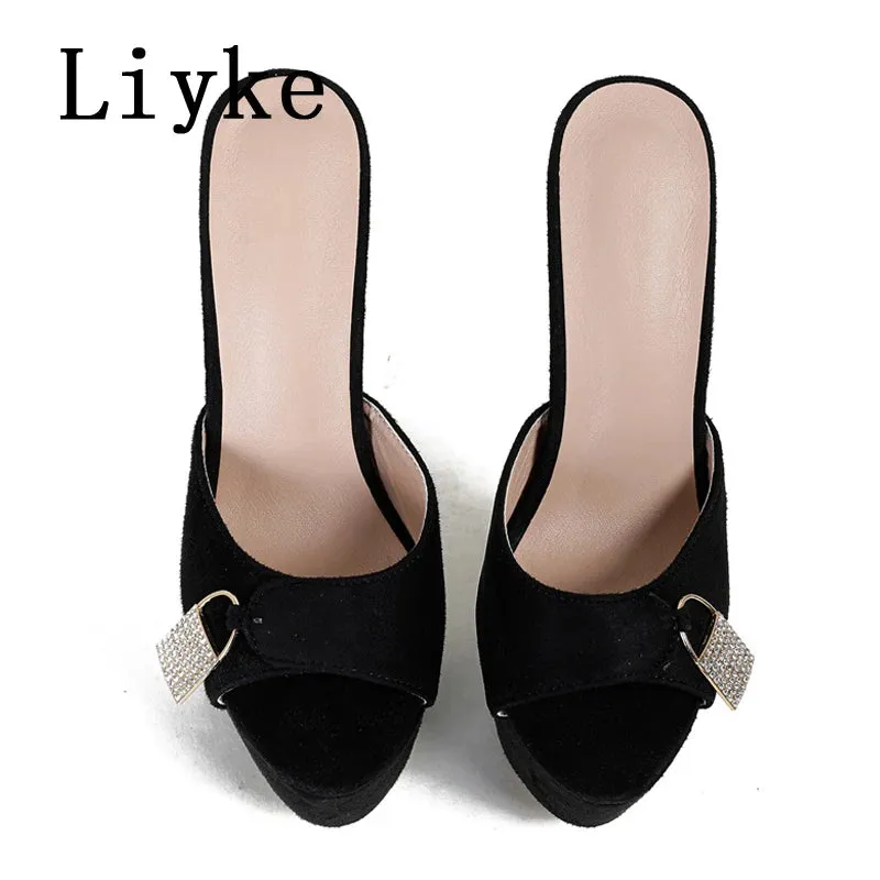 Liyke Summer Fashion Metal Extreme Platform Slippers Women Sexy Peep Toe Stiletto Heels Sandal Ladies Club Stripper Shoes Slider Mudd Platform Slippers