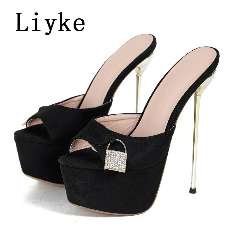 Liyke Summer Fashion Metal Extreme Platform Slippers Women Sexy Peep Toe Stiletto Heels Sandal Ladies Club Stripper Shoes Slider Patterned Slippers