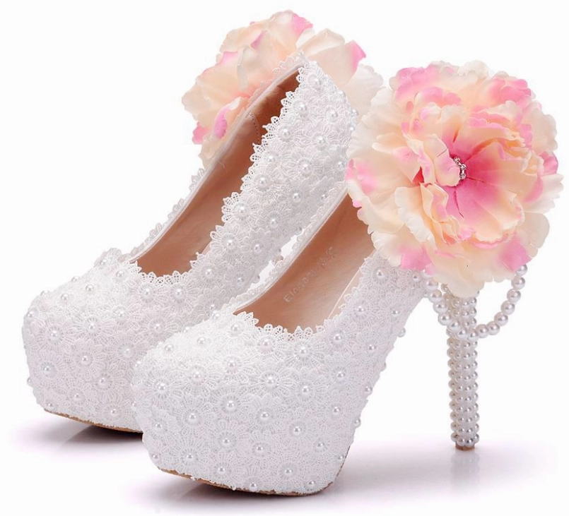 Women's Wedding Shoes Lace Shoes Beaded Flower Shoes High Heel Bridal Shoes,H36 Slip Dress Shoes