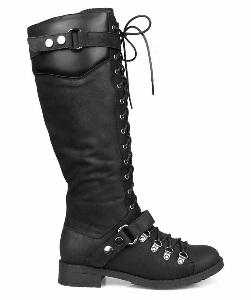 Harness Moto Vegan Leatherette Knee High Lace Up Harness Moto Women's Boot Wonderwelly Rain Boots