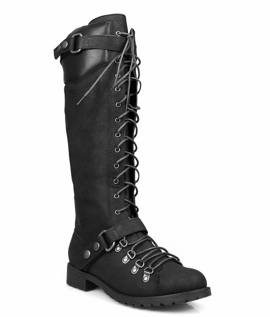 Zip Rain Harness Moto Vegan Leatherette Knee High Lace Up Harness Moto Women's Boot
