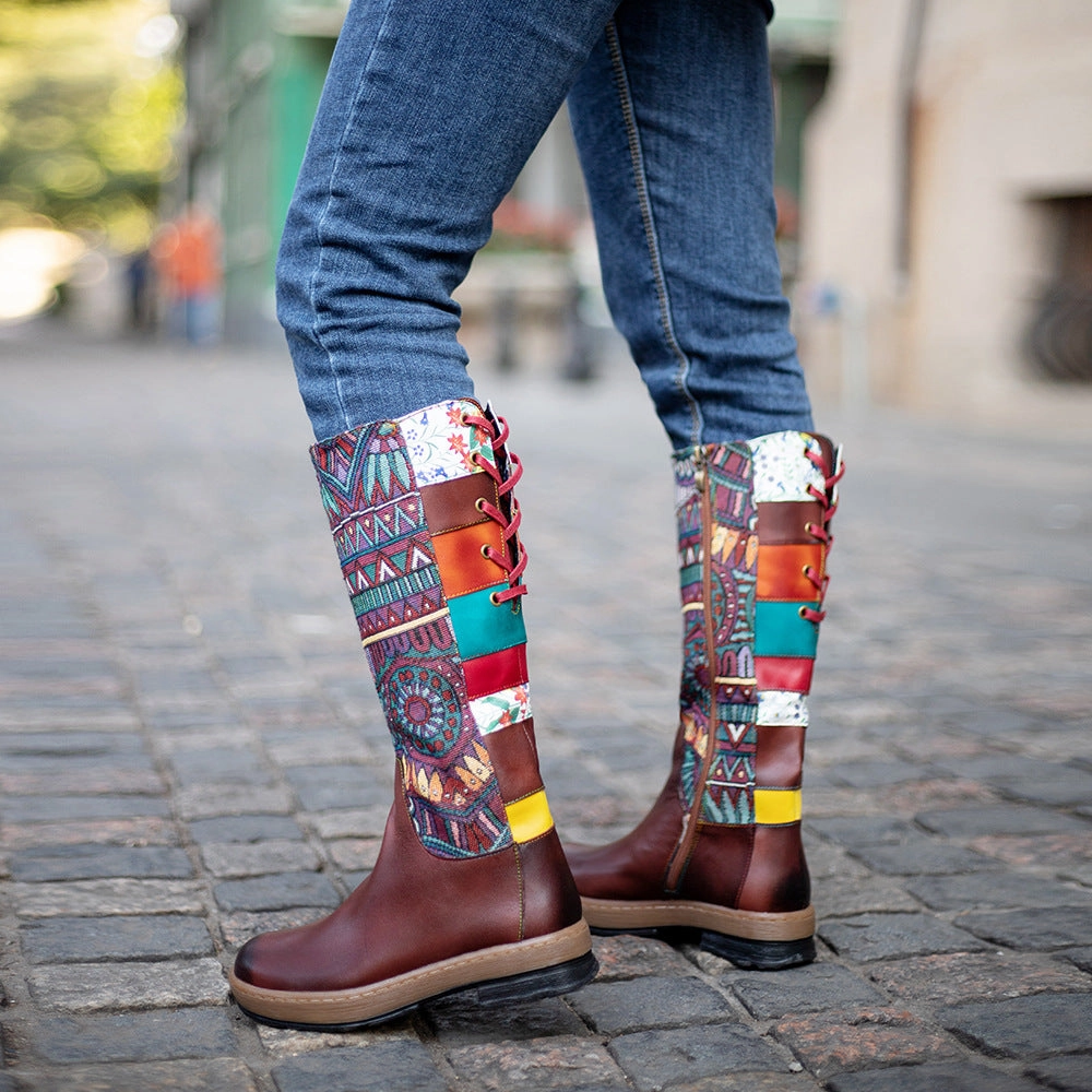 Vintage Mid-calf Boots Women Shoes Embroidered Boho Leather Boots Adidas The Gravel Shoe