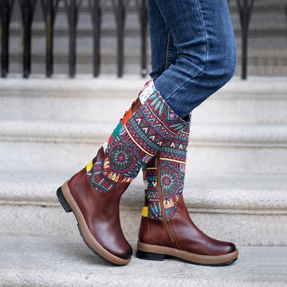 Vintage Mid-calf Boots Women Shoes Embroidered Boho Leather Boots Adidas Graffiti Shoes