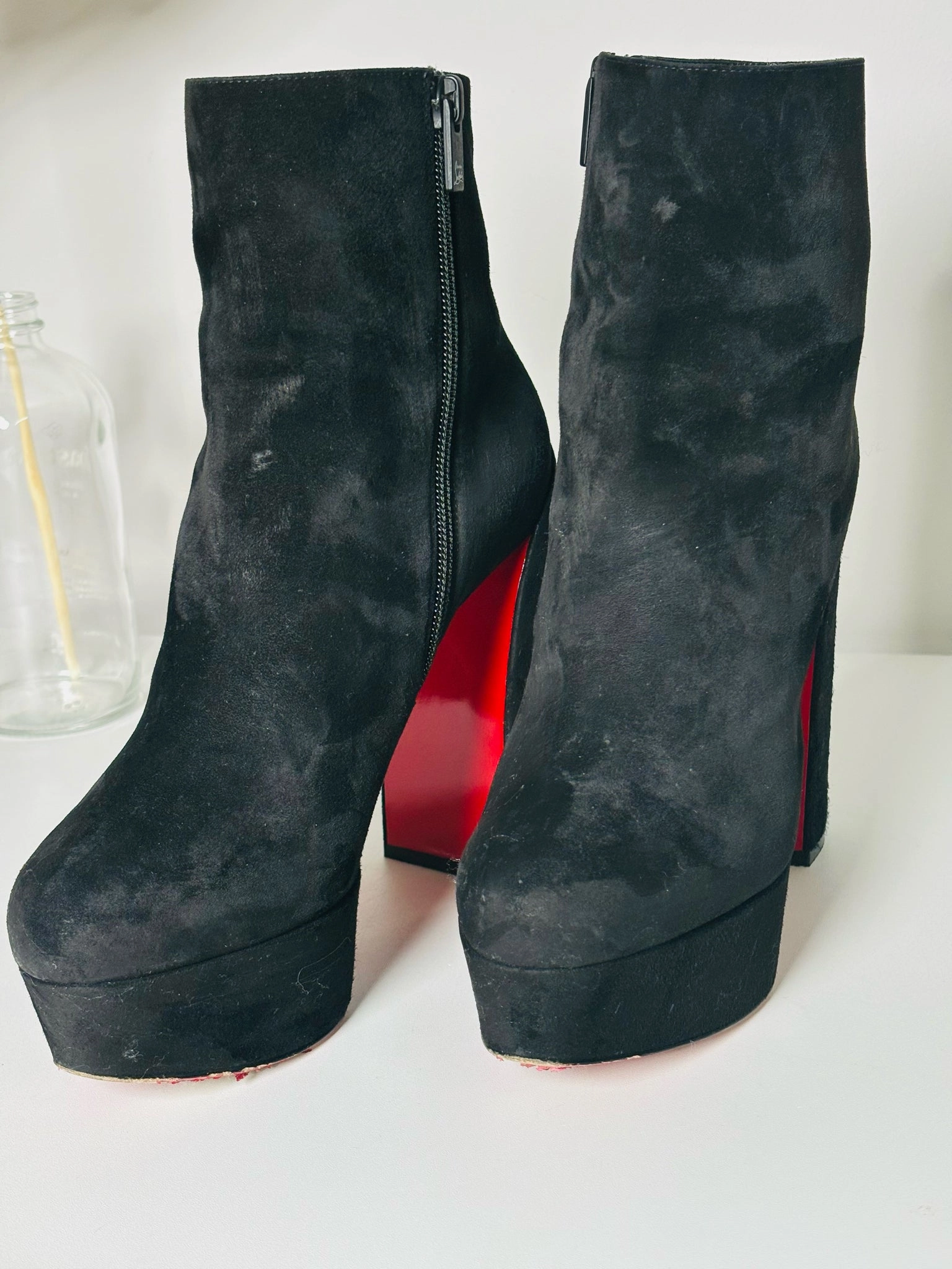 W Shoe Size 38.5 Christian Louboutin Black Platform Leather Suede Boots Dress Shoes For Cheap