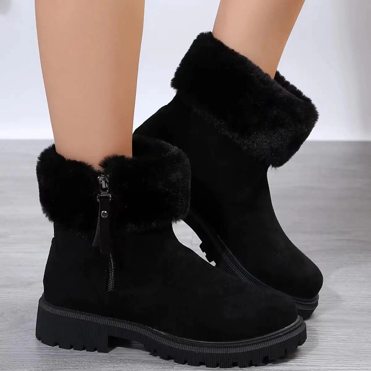 Ladies Fur Snow Boots Warm Plush Boots Winter Fashion Side-Zipper Snow Boot For Women Outdoor Thickened Low-heelded Shoes