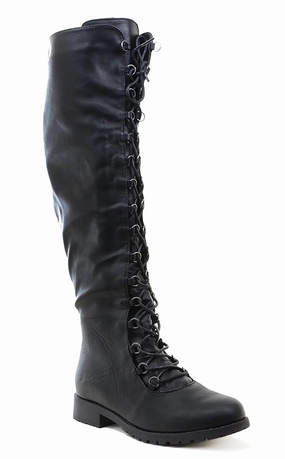 Knee High Lace Up Riding Faux Leather Thigh High Combat Boots Fleece Socks For Rain Boots