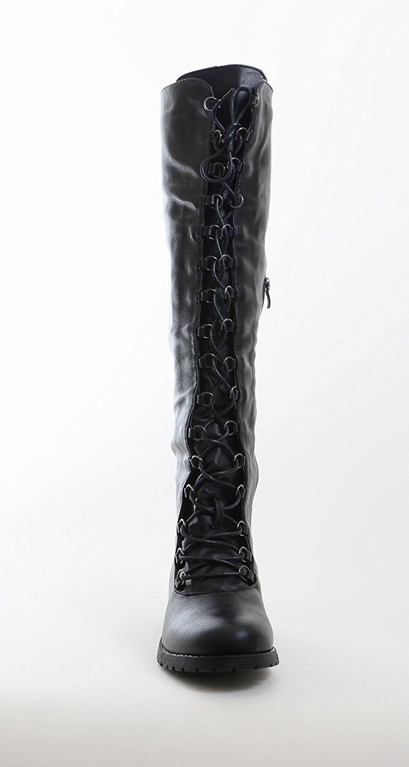 Rubber Ankle Rain Boots Knee High Lace Up Riding Faux Leather Thigh High Combat Boots