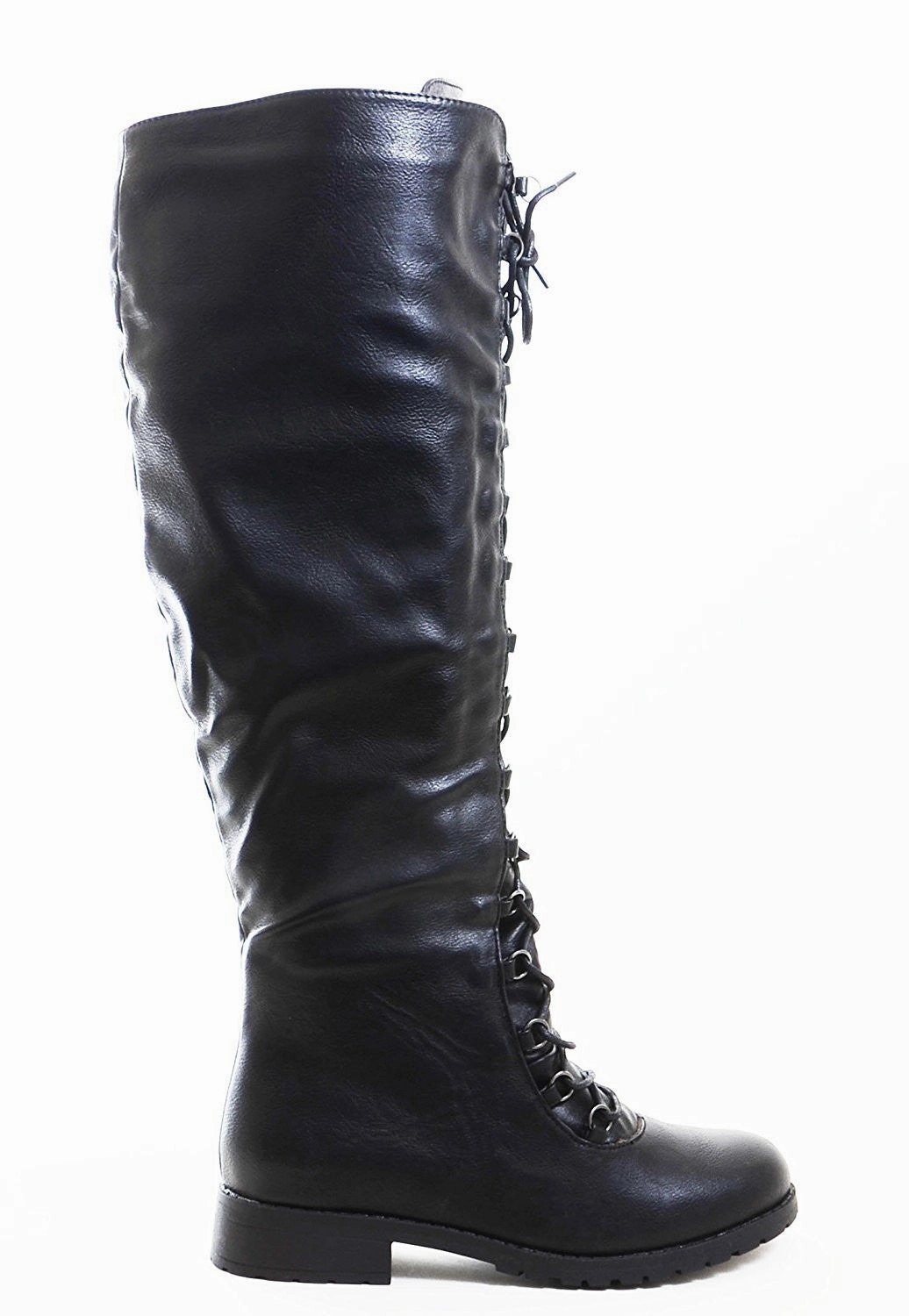 Fitted Rain Boots Knee High Lace Up Riding Faux Leather Thigh High Combat Boots