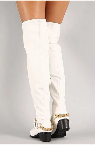 White Ankle Chain Buckle Thigh High Riding Boot Adidas Shoe Insoles