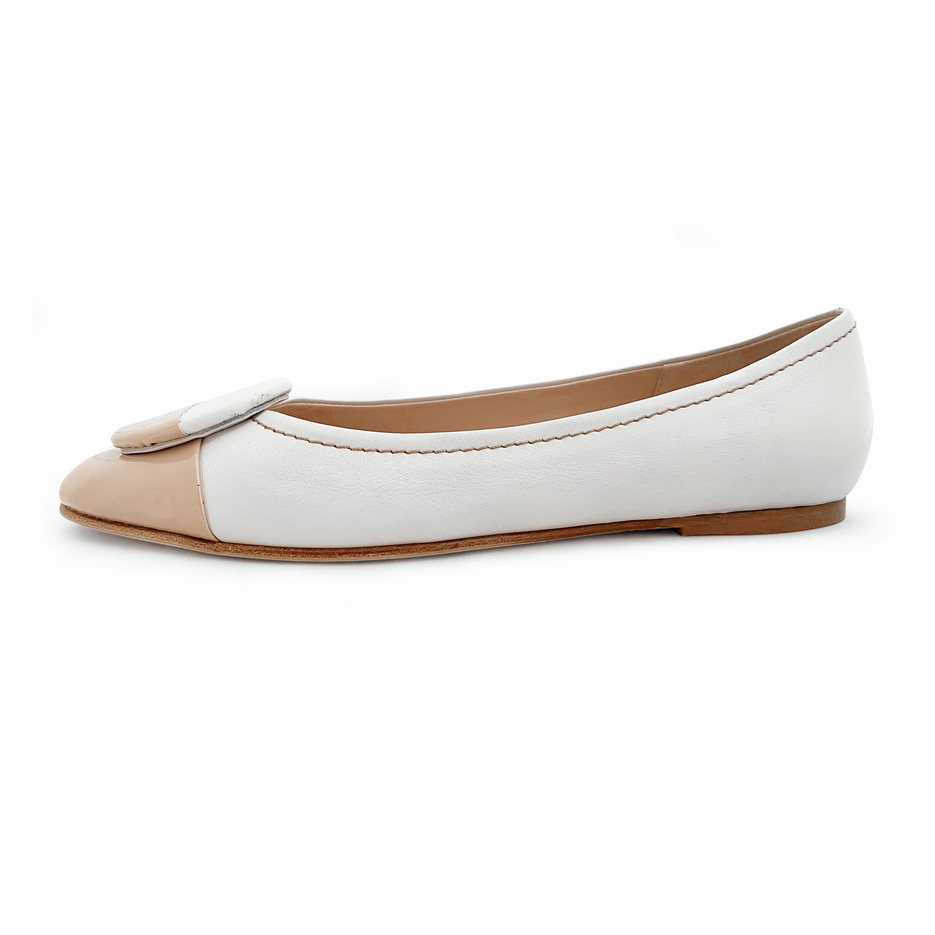 Camo Dress Shoes White leather ballet flats, taupe patent leather toe and stud