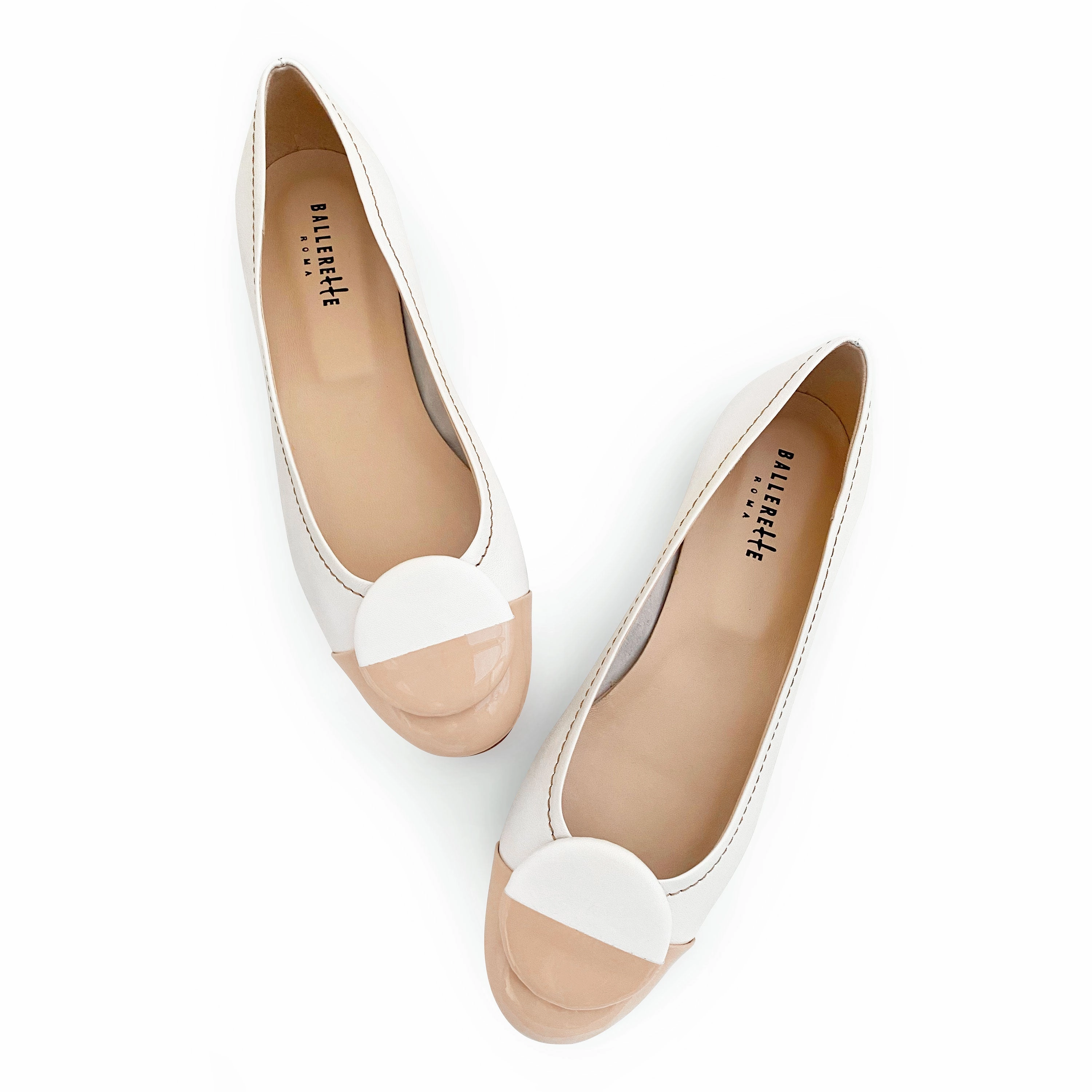 Best Wide Dress Shoes White leather ballet flats, taupe patent leather toe and stud